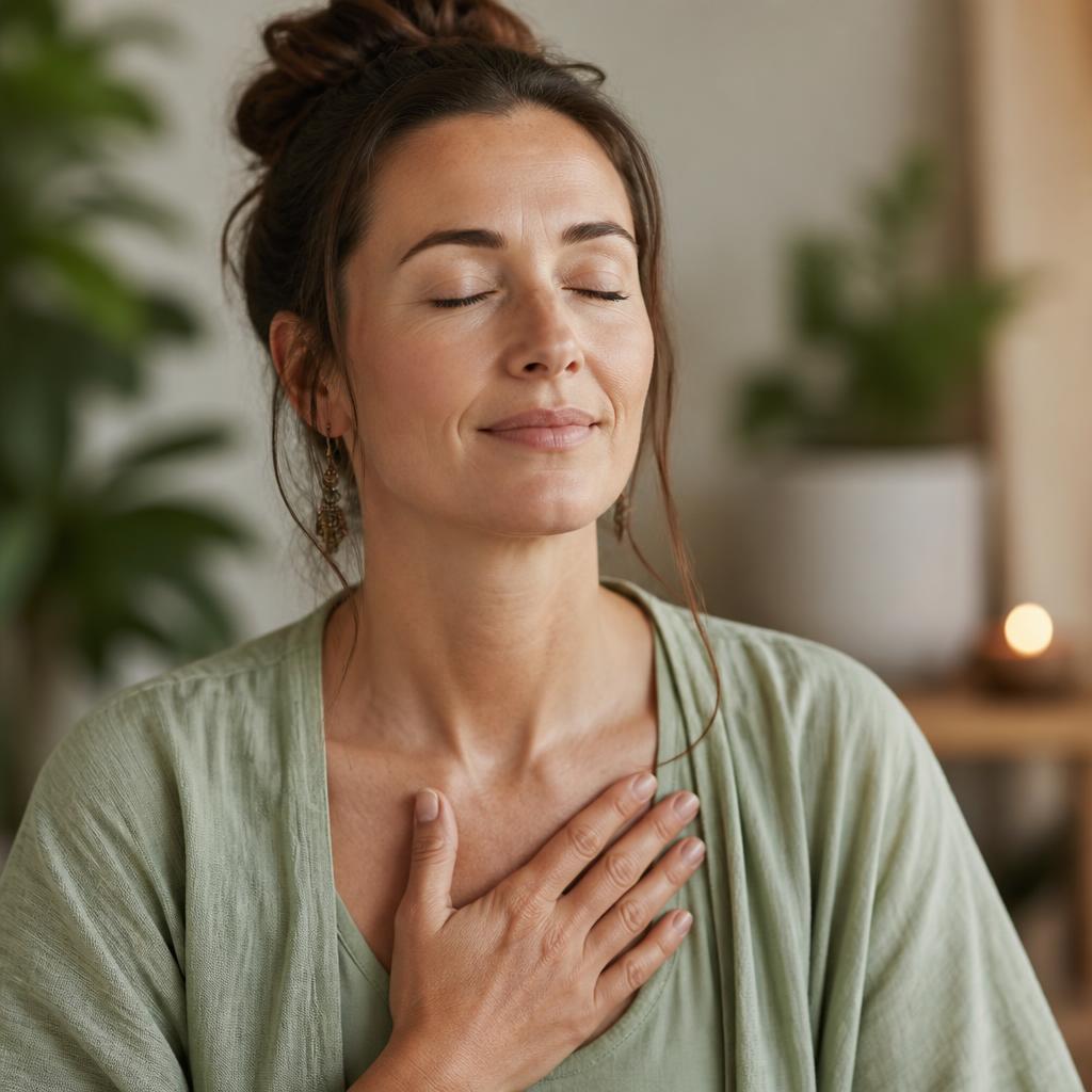 Mujer practicando respiración guiada con la mano en el pecho